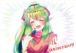 Rule 34 | 1girl, absurdres, anniversary, bracelet, eating, closed eyes, fire emblem, fire emblem: mystery of the emblem, fork, green hair, highres, holding, holding fork, jewelry, long hair, nintendo, one-hour drawing challenge, open mouth, parupome, pointy ears, ponytail, solo, tiara, tiki (fire emblem), upper body