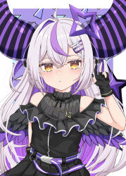 Rule 34 | 1girl, absurdres, amane kanata, amane kanata (work), amane kanata (cosplay), angel wings, belt, black dress, black gloves, black horns, black nails, black wings, blush, colored inner hair, commentary request, cosplay, demon girl, demon horns, double-parted bangs, dress, feathered wings, frilled dress, frills, gloves, grey hair, hair ornament, hairclip, halo, highres, hololive, horns, kyabetsu ningen, la+ darknesss, long hair, looking at viewer, multicolored hair, nail polish, partially fingerless gloves, purple belt, purple hair, purple horns, sleeveless, sleeveless dress, solo, star halo, streaked hair, striped horns, tail, v, very long hair, virtual youtuber, wings, yellow eyes