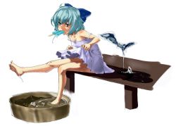 Rule 34 | 1girl, alternate costume, aqua eyes, aqua hair, bare legs, bare shoulders, barefoot, bow, bucket, bucket of water, cirno, clothes lift, dress, dress lift, feet, female focus, food, full body, hair bow, hot, ice, kirisato itsuki, legs, melting, mouth hold, oekaki, outstretched leg, popsicle, short hair, simple background, sitting, soaking feet, soles, solo, strap slip, sundress, sweat, toes, touhou, water, white background, wings