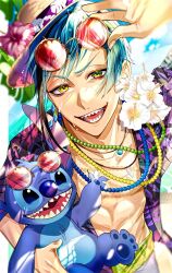 Rule 34 | abs, bead necklace, beads, blue eyes, earrings, flower, flower necklace, floyd leech, green hair, hat, hawaiian shirt, highres, jewelry, joe 999, lei, light particles, lilo &amp; stitch, looking at viewer, multicolored hair, necklace, open clothes, open mouth, open shirt, red-tinted eyewear, sharp teeth, shirt, stitch (lilo &amp; stitch), streaked hair, sun hat, sunglasses, teeth, tinted eyewear, tongue, twisted wonderland, yellow eyes