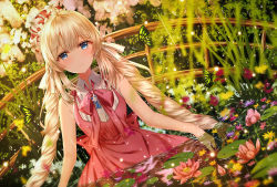 Rule 34 | 1girl, absurdres, animal, bare arms, bare shoulders, blonde hair, blue eyes, blurry, blush, bug, butterfly, closed mouth, collared shirt, commentary, commentary request, dress, english commentary, fate/grand order, fate (series), flower, flower on liquid, frilled hat, frills, hat, hat flower, highres, insect, junpaku karen, lily pad, long hair, low twintails, marie antoinette (fate), marie antoinette (fgo orchestra) (fate), mini hat, official alternate costume, pink flower, purple flower, red dress, red hat, revision, shirt, sleeveless, sleeveless dress, sleeveless shirt, smile, solo, tilted headwear, twintails, very long hair, water, white flower, white shirt, yellow flower