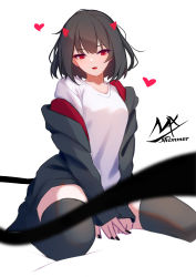Rule 34 | 1girl, absurdres, artist logo, black-haired demon girl (shimmer), black hair, black jacket, black nails, black thighhighs, commentary, fang, heart, highres, jacket, looking at viewer, nail polish, open clothes, open jacket, open mouth, original, red eyes, seiza, shimmer, shirt, short hair, simple background, sitting, solo, symbol-only commentary, thighhighs, white background, white shirt