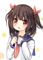 Rule 34 | 1girl, :o, blush, brown hair, collarbone, flying sweatdrops, hair ribbon, hands up, long sleeves, looking at viewer, neckerchief, open mouth, original, red eyes, red neckerchief, red ribbon, ribbon, school uniform, serafuku, shirt, simple background, solo, two side up, upper body, white background, white shirt, yuuhagi (amaretto-no-natsu)