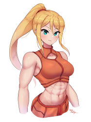 Rule 34 | 1girl, abs, absurdres, artist name, bare arms, bare shoulders, biceps, blonde hair, blue eyes, blush, breasts, cleavage, closed mouth, collarbone, cowboy shot, crop top, cropped legs, hair between eyes, hair ornament, highres, large breasts, long hair, looking at viewer, medium breasts, metroid, metroid (classic), metroid prime, midriff, muscular, muscular female, navel, nintendo, obliques, ponytail, samus aran, sidelocks, signature, simple background, solo, sports bra, standing, stomach, tank top, thighs, toned, upper body, wakaba (wata ridley), white background