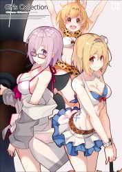 Rule 34 | 10s, 3girls, :d, absurdres, adapted costume, arms up, black-framed eyewear, black eyes, blonde hair, breasts, brown eyes, casual one-piece swimsuit, cleavage, closed mouth, djeeta (granblue fantasy), djeeta (summer) (granblue fantasy), eyes visible through hair, fate/grand order, fate (series), flower, glasses, granblue fantasy, hair flower, hair ornament, hairband, halterneck, highres, kemono friends, kujou ichiso, large breasts, looking at viewer, mash kyrielight, mash kyrielight (swimsuit of perpetual summer), medium breasts, multiple girls, off shoulder, official alternate costume, one-piece swimsuit, open mouth, outstretched arms, pink hair, purple eyes, scrunchie, serval (kemono friends), shield, short hair, smile, strap gap, swimsuit, white one-piece swimsuit, wrist scrunchie