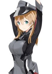 Rule 34 | 10s, 1girl, akiha (attract), anchor hair ornament, aqua eyes, armor, bad id, bad twitter id, blonde hair, breastplate, breasts, chest plate, hair ornament, hat, kantai collection, kskasutera, large breasts, long hair, long sleeves, looking at viewer, military, military uniform, peaked cap, prinz eugen (kancolle), smile, solo, twintails, uniform, white background