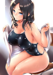 Rule 34 | 1girl, amasora taichi, black hair, blue eyes, blue one-piece swimsuit, breasts, competition school swimsuit, covered navel, dutch angle, from side, highres, large breasts, looking at viewer, medium hair, nail polish, one-piece swimsuit, original, parted bangs, school swimsuit, shiny skin, sitting, solo, swimsuit
