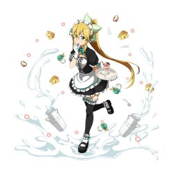 Rule 34 | 1girl, :p, apron, blonde hair, bottle, breasts, cheese, cleavage, food, frilled thighhighs, frills, full body, gloves, green eyes, hand to own mouth, highres, holding, holding tray, leafa, licking, licking finger, long hair, looking at viewer, maid, maid apron, maid headdress, milk, parfait, pointy ears, ponytail, short sleeves, solo, spoon, sword art online, thighhighs, tongue, tongue out, transparent background, tray, waist apron, white gloves