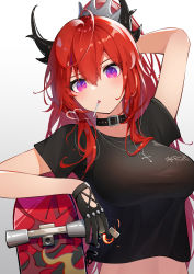 Rule 34 | 1girl, absurdres, arknights, arm up, black choker, black gloves, black shirt, breasts, choker, cigarette, commentary, crop top, cross, cross necklace, crown, gloves, gradient background, grey background, hair between eyes, highres, horns, jewelry, large breasts, long hair, looking at viewer, midriff, mini crown, mouth hold, necklace, official alternate costume, purple eyes, red hair, rinne (buye rinne), shirt, short sleeves, skateboard, solo, surtr (arknights), surtr (liberte echec) (arknights), upper body, white background