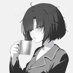 Rule 34 | 1girl, blunt bangs, breasts, cup, eki doki, greyscale, highres, holding, holding cup, looking at viewer, medium breasts, monochrome, original, pajamas, parted lips, short hair, solo
