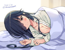 Rule 34 | 1girl, black hair, blush, breasts, brown eyes, cleavage, collarbone, dated, fingernails, hair over one eye, hayashimo (kancolle), jewelry, kantai collection, long hair, long sleeves, looking at viewer, odawara hakone, one-hour drawing challenge, open clothes, open shirt, ring, shirt, smile, solo, twitter username, wedding band, white shirt