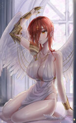 Rule 34 | 1girl, absurdres, angel wings, blush, breasts, cleavage, collarbone, cross, feathered wings, feathers, hair over one eye, highres, illust sucong, indoors, large breasts, long hair, orange eyes, orange hair, original, parted lips, sitting, solo, wings