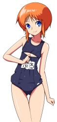 Rule 34 | 1girl, blue eyes, blue one-piece swimsuit, character name, cleavage cutout, clenched hand, clothing cutout, contrapposto, cowboy shot, elpeo puru, flat chest, gundam, gundam zz, light smile, looking at viewer, name tag, nontraditional school swimsuit, one-piece swimsuit, orange hair, petite, school swimsuit, school swimsuit flap, shirono, short hair, sidelocks, simple background, smile, solo, standing, sunrise (company), swimsuit, thigh gap, wet, wet clothes, white background, wide hips