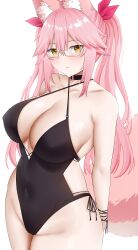 Rule 34 | 1girl, absurdres, animal ear fluff, animal ears, arind yudha, bare shoulders, black one-piece swimsuit, blush, breasts, choker, cleavage, collarbone, covered navel, fate/grand order, fate (series), fox ears, fox girl, fox tail, glasses, hair between eyes, hair ribbon, highres, koyanskaya (fate), koyanskaya (twin tail) (fate), large breasts, long hair, looking at viewer, one-piece swimsuit, pink hair, pink ribbon, ribbon, sidelocks, swimsuit, tail, tamamo (fate), thighs, twintails, yellow eyes