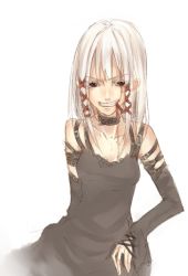 Rule 34 | 1girl, dress, elbow gloves, gloves, goth fashion, grin, itou nanami, mouth hold, original, simple background, smile, solo, white hair