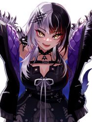 Rule 34 | 1girl, absurdres, black choker, black dress, black hair, blush, breasts, choker, cleavage, dress, fur trim, grey hair, hair ornament, highres, hololive, hololive english, kabedon, kabedon on viewer, large breasts, looking at viewer, multicolored hair, open mouth, pawtoonstudio, pov, shiori novella, shiori novella (1st costume), simple background, smile, solo, split-color hair, two-tone hair, virtual youtuber, white background, yellow eyes