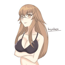 Rule 34 | 1girl, artist request, bare shoulders, black bra, blush, bra, breasts, brown eyes, brown hair, charlotte zoom, cleavage, crossed arms, glasses, heavy object, large breasts, long hair, looking at viewer, simple background, solo, tongue, tongue out, underwear