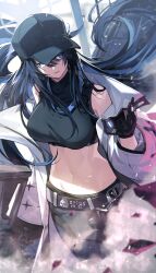 Rule 34 | 1girl, assault rifle, bare shoulders, baseball cap, belt, black gloves, black hair, black hat, black pants, black shirt, blue archive, blue eyes, breasts, coat, crop top, gloves, goomrrat, gun, hat, highres, holding, large breasts, long hair, long sleeves, looking at viewer, mask, midriff, mouth mask, navel, off shoulder, open clothes, open coat, pants, rifle, saori (blue archive), shirt, sig 516, sig sauer, sleeveless, sleeveless shirt, solo, stomach, unworn mask, very long hair, weapon, white coat