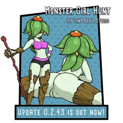 Rule 34 | 1girl, absurdres, anus, anus peek, ass, bare shoulders, cleft of venus, colored skin, crop top, dryad, english text, facing viewer, from behind, green skin, hair over one eye, hand on own hip, heart, heart background, highres, looking at viewer, midriff, monster girl hunt, multiple views, navel, nude, pants, plant hair, pussy, red eyes, shirt, short shorts, shorts, skin tight, split, split, staff, tank top, tight clothes, tight pants, tight shirt, tiny devil studio, uncensored, wristband