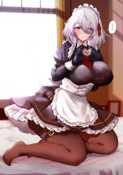 Rule 34 | ..., 1girl, apron, black dress, black gloves, black shirt, breasts, brown pantyhose, dress, eyes visible through hair, frilled apron, frills, full body, gloves, hachimitsu hinako, heart, heart hands, highres, indoors, juliet sleeves, large breasts, layered dress, lenne (oyuwari), long sleeves, looking at viewer, maid headdress, medium hair, necktie, on bed, original, pantyhose, pink eyes, puffy sleeves, red necktie, shirt, short necktie, solo, speech bubble, thigh strap, two-tone dress, white apron, white dress, white hair