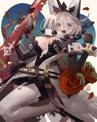 Rule 34 | 1girl, animal ears, aqua eyes, belt, belt buckle, black dress, black hairband, boots, breasts, broken, broken chain, buckle, chain, cleavage, collar, dress, elphelt valentine, fake animal ears, falling petals, fingerless gloves, flower, gloves, guilty gear, guilty gear xrd, gun, hair between eyes, hairband, highres, holding, holding gun, holding weapon, large breasts, leg up, looking at viewer, open mouth, petals, poch4n, red flower, red rose, rifle, rose, short hair, smile, solo, spiked collar, spikes, thigh boots, thighhighs, two-tone dress, weapon, wedding dress, white dress, white hair, white thighhighs
