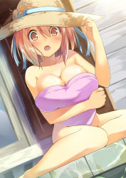 Rule 34 | 1girl, :o, bad id, bad pixiv id, blush, breasts, brown eyes, brown hair, cccpo, cleavage, covering privates, flower, hand on headwear, hat, hataraku maou-sama!, heart, heart-shaped pillow, large breasts, nude, nude cover, open mouth, pillow, ribbon, sasaki chiho, sitting, solo, straw hat