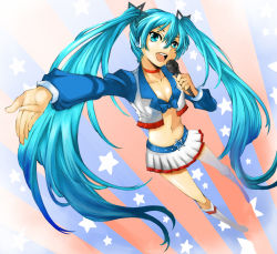 Rule 34 | 1girl, aqua eyes, aqua hair, belt, belt buckle, bikini, bikini top only, boots, buckle, choker, cropped jacket, eiji (eiji), fringe trim, happy, hatsune miku, knee boots, long hair, microphone, midriff, navel, open mouth, outstretched arm, skirt, smile, solo, swimsuit, twintails, united states, very long hair, vocaloid