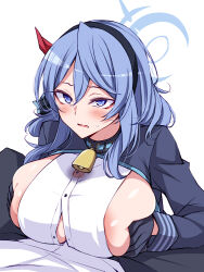 Rule 34 | 1boy, 1girl, ako (blue archive), areola slip, bell, black gloves, blue archive, blue coat, blue eyes, blue hair, blue hairband, blush, breasts, breasts squeezed together, coat, collar, cowbell, gloves, hair between eyes, hairband, half gloves, halo, hetero, huge breasts, long hair, long sleeves, looking at another, neck bell, open mouth, paizuri, paizuri under clothes, perpendicular paizuri, sideboob, simple background, solo focus, suterii, sweat