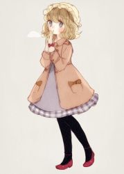 Rule 34 | 1girl, alternate costume, bad id, bad twitter id, black pantyhose, blonde hair, blue eyes, blush, bow, breath, coat, dress, full body, gloves, grey background, hat, long sleeves, looking at viewer, maribel hearn, mob cap, own hands together, pantyhose, short hair, simple background, solo, touhou, yujup