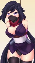 Rule 34 | 10s, 1girl, ayame (gundam build divers), bare shoulders, bdsm, black hair, black panties, black thighhighs, blush, bondage, bound, bound arms, bound torso, breast suppress, breasts, cameltoe, cleavage, covered mouth, elbow gloves, embarrassed, frown, gloves, gluteal fold, gundam, gundam build divers, half mask, highres, hip armor, japanese clothes, kumapan, large breasts, long hair, mask, mouth mask, ninja, ninja mask, panties, pantyshot, purple eyes, red scarf, scarf, skindentation, sleeveless, solo, thick thighs, thighhighs, thighs, twintails, underwear, very long hair