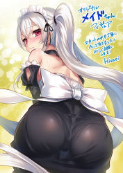 Rule 34 | 1girl, apron, ass, collar, frilled sleeves, frills, from behind, highres, hisasi, looking at viewer, maid, maid apron, maid headdress, nervous, original, red eyes, ribbon, shiny clothes, skindentation, solo, sweatdrop, turning head, twintails, white hair