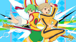 Rule 34 | 10s, 2girls, ass, bad id, bad pixiv id, blonde hair, bodysuit, bruce lee&#039;s jumpsuit, chinese clothes, detached sleeves, dragon kid, dual persona, fighting stance, green eyes, green hair, hair ornament, hat, highres, huang baoling, lightning, multiple girls, ponytail, short hair, shorts, staff, thighhighs, tiger &amp; bunny, umishima senbon
