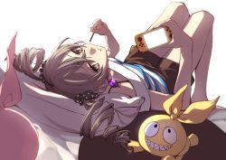 Rule 34 | 1girl, absurdres, bare shoulders, bed, bronya zaychik, brown shorts, controller, doll, drill hair, earrings, food, food on face, full body, grey eyes, grey hair, hair between eyes, hair ornament, handheld game console, highres, holding, holding controller, holding food, homu (honkai impact), honkai (series), honkai impact 3rd, jewelry, looking at viewer, lying, on back, pillow, playstation portable, pocky, ru0m6, shirt, short sleeves, shorts, simple background, solo, twin drills, white background, white shirt