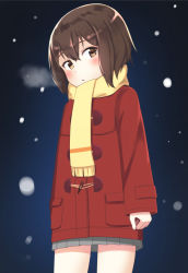Rule 34 | 1girl, arms at sides, blush, boku dake ga inai machi, breath, brown eyes, brown hair, coat, commentary, female focus, from below, grey skirt, hair between eyes, hinazuki kayo, looking at viewer, looking down, makoto (bk69and7), night, parted lips, pleated skirt, red coat, scarf, short hair, skirt, snowing, solo, standing, toggles, yellow neckwear, yellow scarf