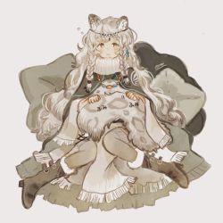 Rule 34 | 1girl, ahoge, animal ears, arknights, black cape, black footwear, blush, boots, cape, coat, cushion, frown, fur-trimmed boots, fur trim, grey background, grey eyes, grey hair, grey thighhighs, highres, holding tail, kjerag logo, leopard ears, long hair, looking at viewer, onigiri (ginseitou), poncho, pramanix (arknights), simple background, sitting, squeans, sleepy, solo, tail, thighhighs, tiara, very long hair, white coat