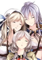 Rule 34 | 10s, 3girls, bare shoulders, beret, blonde hair, braid, breasts, cucouroux (granblue fantasy), draph, closed eyes, granblue fantasy, hair between eyes, hat, height difference, highres, horns, kumuyu, light smile, lips, long hair, low twintails, medium breasts, multiple girls, parted lips, shirokuro (shirokuro-1999), silva (granblue fantasy), silver hair, twin braids, twintails, upper body, very long hair, wavy hair