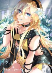 Rule 34 | 1girl, black collar, black hairband, blonde hair, blue eyes, blue nails, bracelet, buckle, collar, collarbone, flower, hair between eyes, hair flower, hair ornament, hairband, hibiscus, highres, holding, holding hair, jewelry, lily (vocaloid), long hair, nail polish, signature, sitting, solo, tyouya, very long hair, vocaloid, white flower