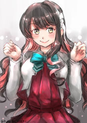 Rule 34 | 1girl, aqua bow, aqua bowtie, black hair, bow, bowtie, breasts, colored inner hair, dress, gradient background, grey background, halterneck, highres, jacket, kamio (d-rev), kantai collection, lips, long hair, long sleeves, looking at viewer, medium breasts, multicolored hair, naganami (kancolle), naganami kai ni (kancolle), one-hour drawing challenge, pink hair, smile, solo, two-tone hair, wavy hair, white jacket