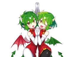 Rule 34 | 2girls, absurdres, arms up, black pants, blush, brown eyes, china dress, chinese clothes, draco centauros, dragon girl, dragon horns, dragon tail, dragon wings, dress, elbow gloves, fang, gloves, green hair, highres, holding hands, horns, looking at viewer, multiple girls, offbeat, one eye closed, open mouth, pants, pantyhose, pointy ears, puyopuyo, red dress, short hair, sidelocks, simple background, smile, tail, white background, white gloves, white pantyhose, wings