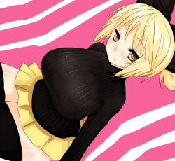 Rule 34 | 1girl, alternate costume, black thighhighs, blonde hair, blush, bow, breasts, female focus, hair bow, han (jackpot), huge breasts, impossible clothes, impossible sweater, kurodani yamame, large breasts, miniskirt, ponytail, ribbed sweater, shirt, short hair, sitting, skirt, smile, solo, striped, sweater, thick thighs, thighhighs, thighs, touhou, yellow eyes, zettai ryouiki