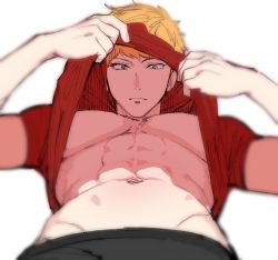 Rule 34 | 1boy, abs, blonde hair, busujima rio mason, clothes lift, from below, groin, hypnosis mic, lifting own clothes, looking at viewer, lying, male focus, mokks, navel, on back, pectorals, red shirt, shirt, shirt lift, short hair, short sleeves, simple background, solo, toned, toned male, white background