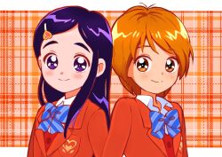 2girls blazer blue_bow blue_bowtie blue_eyes blue_hair bow bowtie brown_eyes brown_hair dress_bow emblem futari_wa_precure hair_ornament hairclip heart heart_hair_ornament jacket kyanos_(b_0000ff) long_hair misumi_nagisa multiple_girls plaid_background precure red_background red_jacket red_vest school_uniform shirt short_hair side-by-side straight_hair verone_gakuin_school_uniform vest white_shirt wing_collar yukishiro_honoka