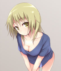Rule 34 | 1girl, breasts, brown eyes, brown hair, cleavage, collarbone, cowboy shot, expressionless, gradient background, head tilt, ichii yui, leaning forward, looking at viewer, medium breasts, mel (melty pot), naked shirt, shirt, short hair, short sleeves, simple background, solo, v arms, wet, wet hair, yuyushiki