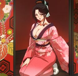 Rule 34 | 10s, 1girl, black hair, blush, breasts, brown eyes, cleavage, female focus, fuuun ishin dai shogun, gradient background, highres, japanese clothes, kimono, large breasts, lipstick, long hair, makeup, red lips, screencap, sitting, solo, stitched, tagme, third-party edit