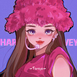 Rule 34 | 1girl, animification, artist name, blue background, blue eyes, brown hair, character name, commentary, earpiece, english commentary, harvey (xg), hat, heart, heart in eye, highres, long hair, looking at viewer, pink hat, pink shirt, portrait, real life, red lips, shirt, smile, solo, symbol in eye, tomoyo tang, xg (group)