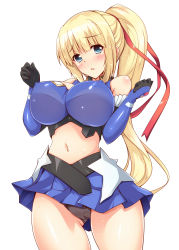 Rule 34 | 10s, 1girl, bare shoulders, black panties, blonde hair, blue eyes, blush, breasts, commentary request, elbow gloves, covered erect nipples, female focus, forearms at chest, gloves, hair ribbon, highres, large breasts, limalisha, long hair, looking at viewer, madan no ou to vanadis, midriff, navel, panties, pantyshot, ponytail, ribbon, skirt, solo, sweat, thighs, underwear, white background, yuu (yumezakura)