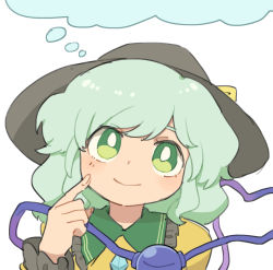 Rule 34 | 1girl, black hat, blush, bright pupils, closed mouth, commentary request, dress, finger to cheek, fingernails, gem, green eyes, green hair, hat, index finger raised, komeiji koishi, partial commentary, sasa kichi, simple background, smile, solo, third eye, thought bubble, touhou, upper body, white background, wing collar, yellow dress