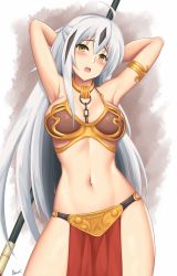 Rule 34 | 1girl, ahoge, arcie albano, armlet, armor, armpits, arms behind head, arms up, bare hips, bdsm, bikini armor, blush, bondage, bound, breasts, chain, cleavage, collar, contrapposto, cosplay, cowboy shot, embarrassed, fate/grand order, fate (series), green eyes, hair ornament, highres, large breasts, loincloth, long hair, looking at viewer, nagao kagetora (fate), navel, open mouth, princess leia organa solo, princess leia organa solo (cosplay), silver hair, slave, solo, staff, star wars, star wars: return of the jedi, stomach, straight hair, very long hair