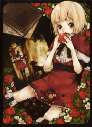 Rule 34 | 1girl, apple, bad id, bad pixiv id, belt, black eyes, blonde hair, blunt bangs, book, boots, capelet, covering face, covering own mouth, covering privates, doll, dress, flower, food, frills, fruit, grimm&#039;s fairy tales, holding, holding food, holding fruit, little red riding hood, little red riding hood (grimm), red theme, ribbon, sami (3a3i3a3i), sheep, short hair, short sleeves, sitting, solo, strawberry, strawberry blossoms