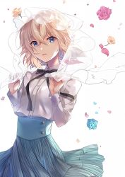 Rule 34 | 1girl, 5pb., artist request, black ribbon, blonde hair, blouse, blue skirt, bow, flower, green eyes, hair bow, highres, kagamigawa noelle, looking at viewer, memories off, memories off innocent fille, neck ribbon, non-web source, petals, ribbon, rose, shirt, short hair, simple background, skirt, solo, source request, white background, white shirt